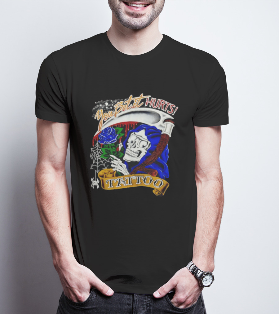 You Bet It Hurts Skeleton Rose Tattoo Spider Web T-Shirt