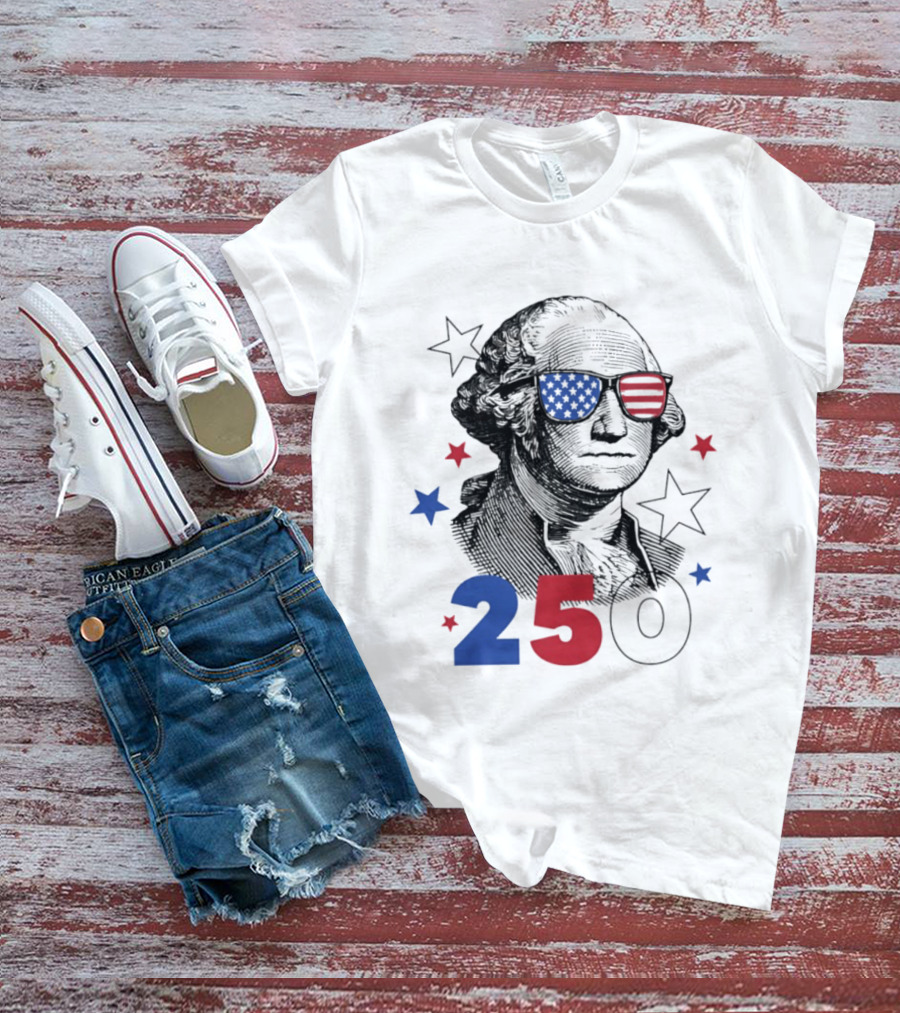 George Washington Patriotic Flag Sunglasses 250 Years United States Celebration T-Shirt