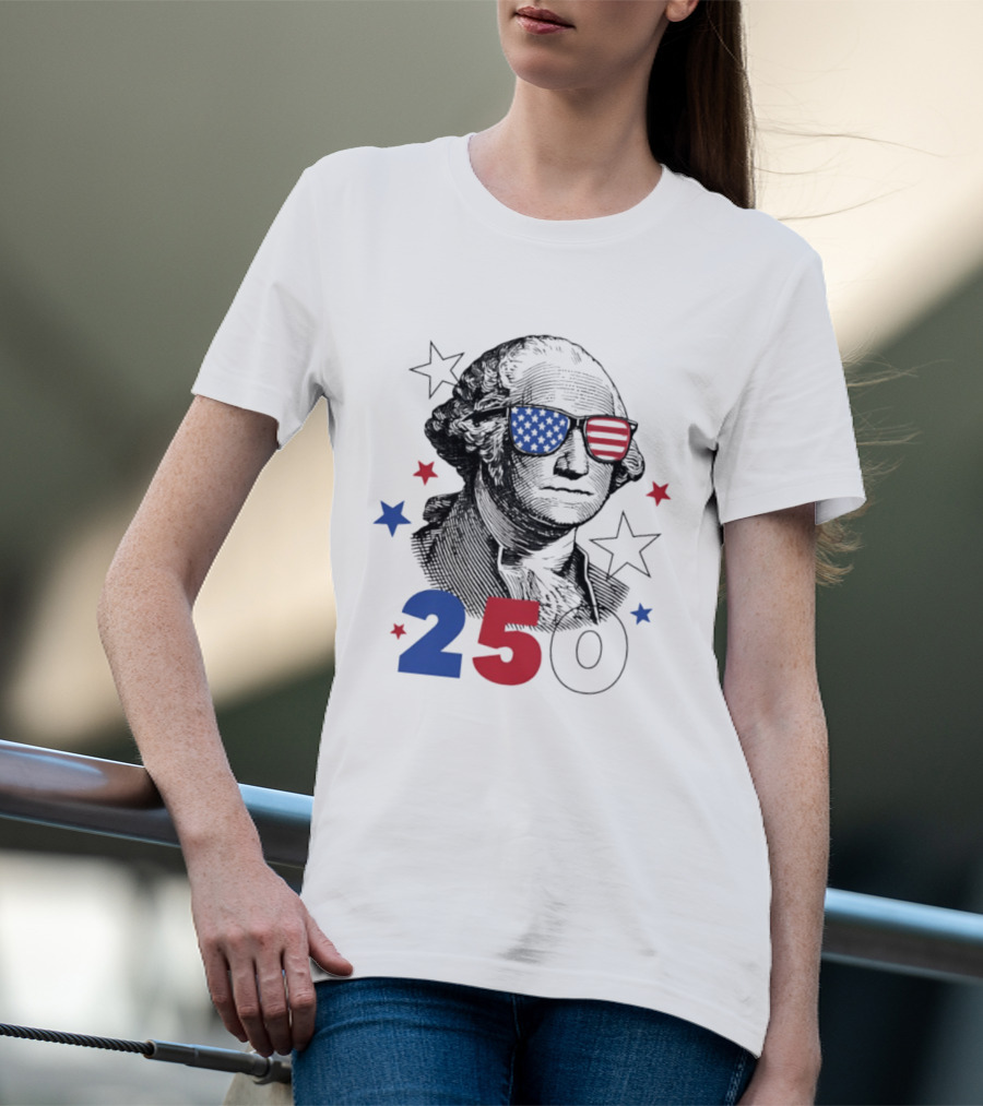George Washington Patriotic Flag Sunglasses 250 Years United States Celebration T-Shirt