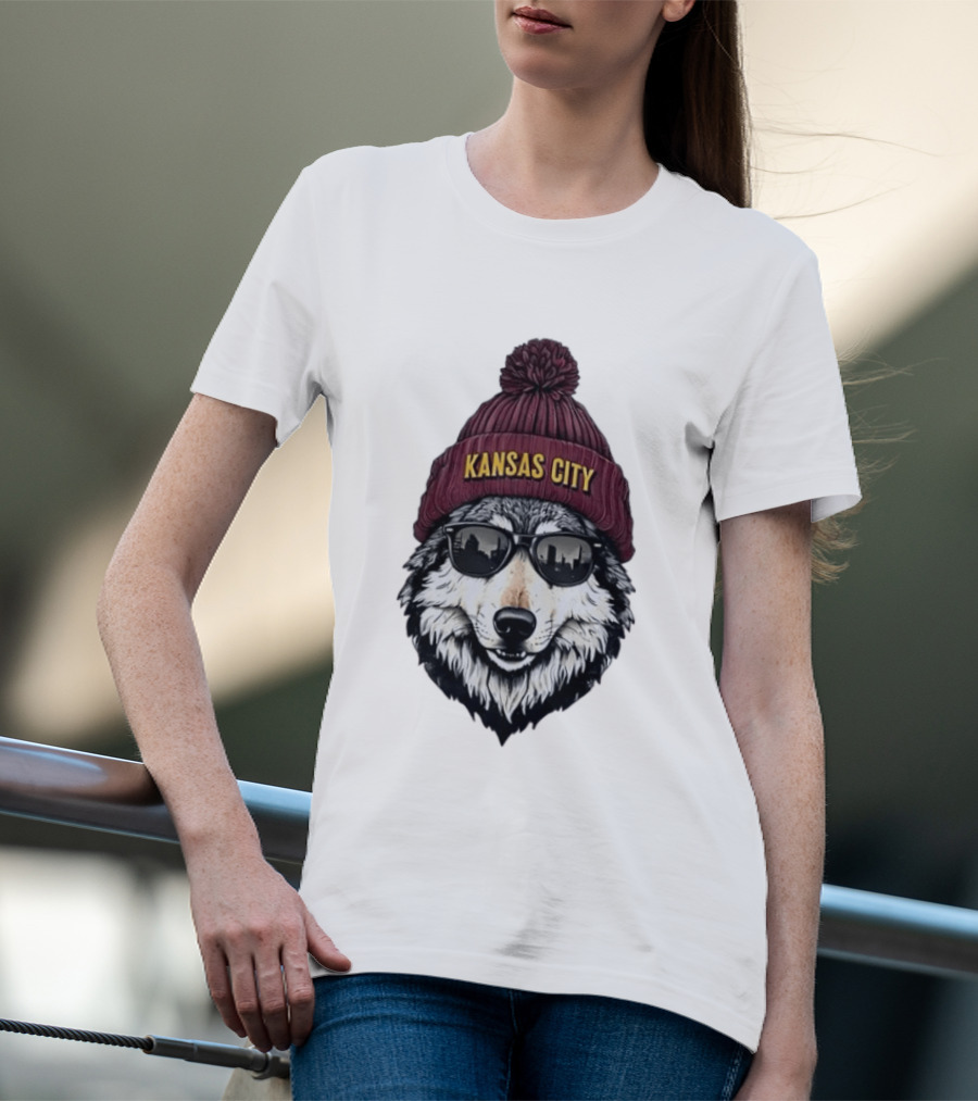 Kansas City Wolf Beanie Sunglasses Cityscape T-Shirt