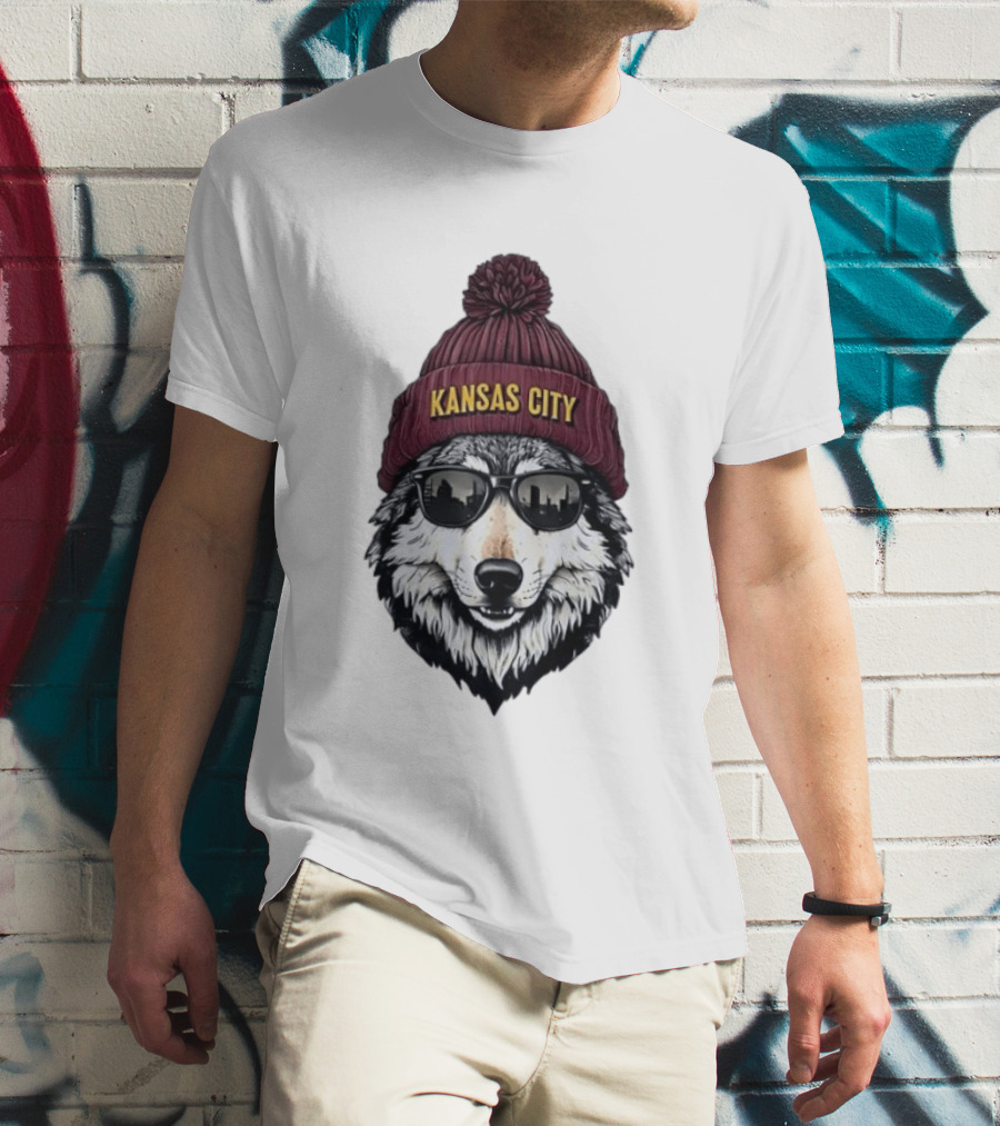 Kansas City Wolf Beanie Sunglasses Cityscape T-Shirt