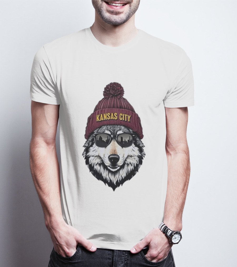 Kansas City Wolf Beanie Sunglasses Cityscape T-Shirt