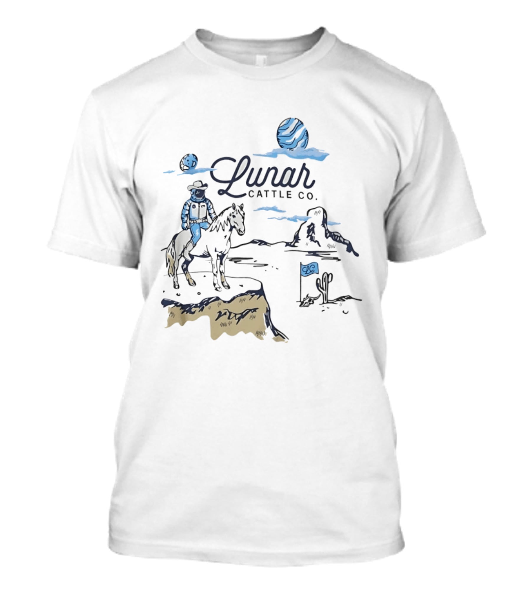 Lunar Cattle Co Astronaut Cowboy On Horseback With Planet And Flag T-Shirt