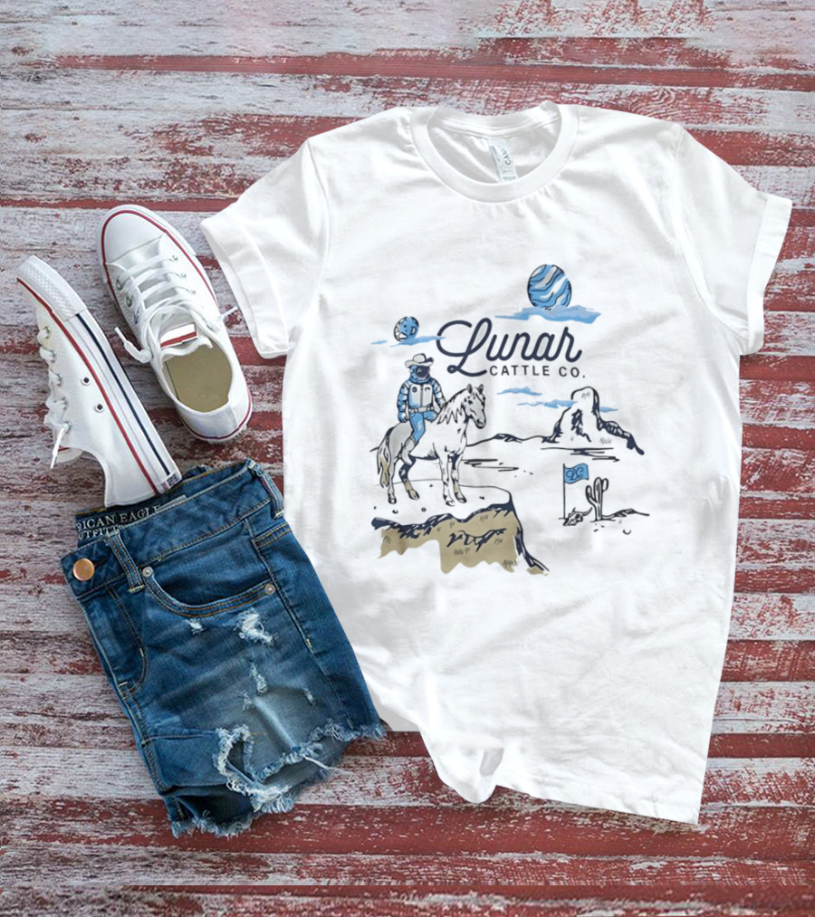 Lunar Cattle Co Astronaut Cowboy On Horseback With Planet And Flag T-Shirt