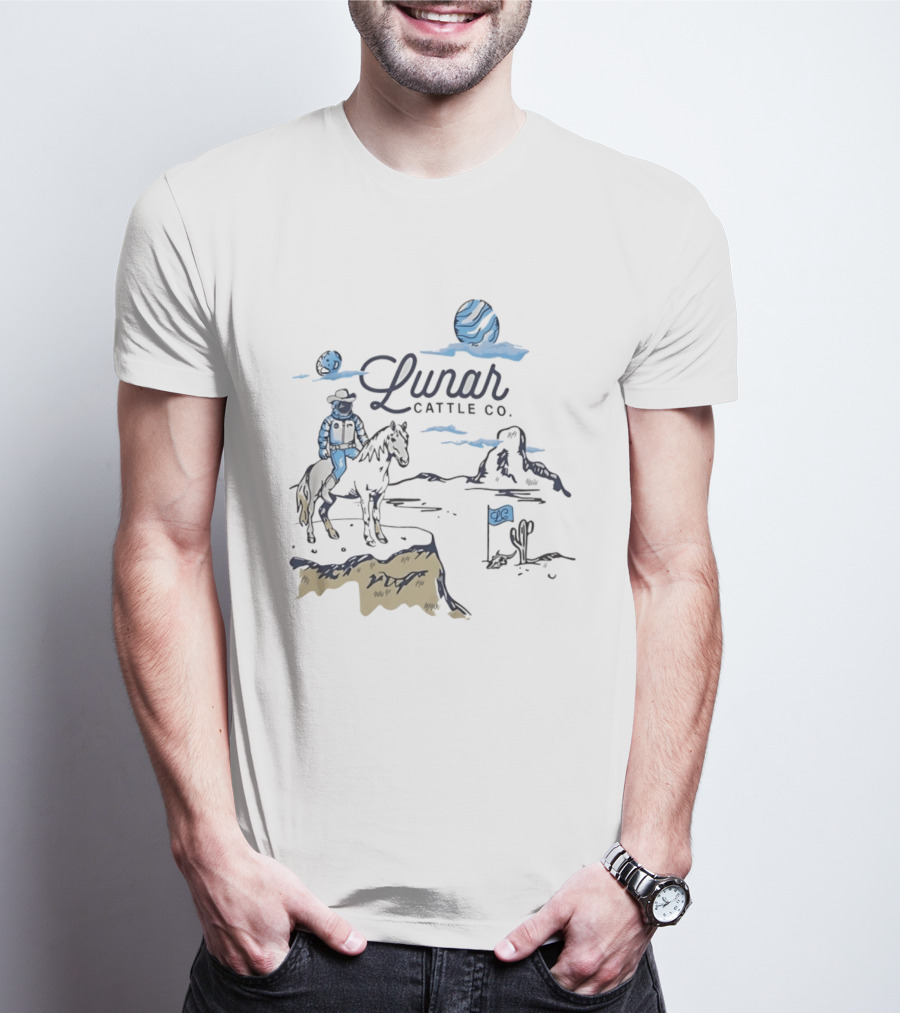 Lunar Cattle Co Astronaut Cowboy On Horseback With Planet And Flag T-Shirt
