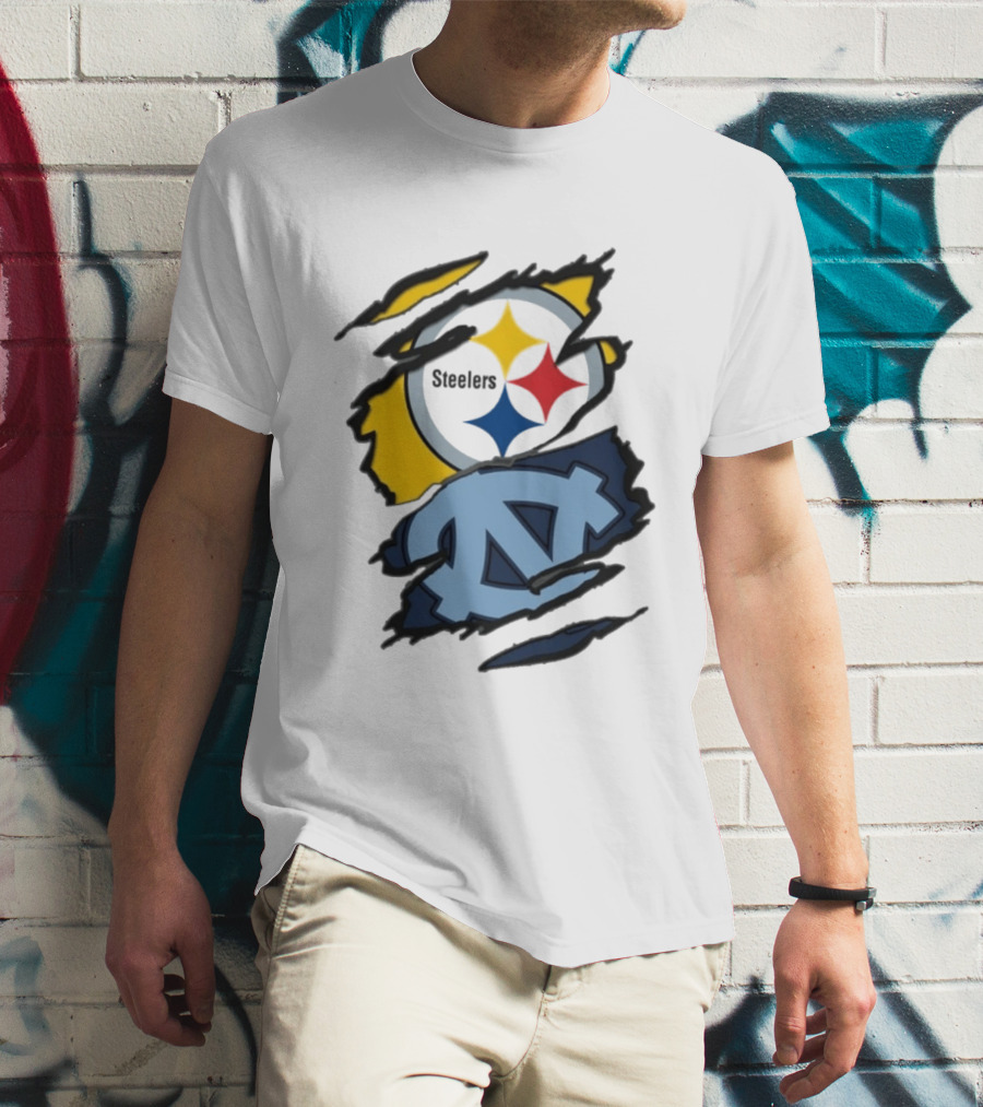 Pittsburgh Steelers UNC Tar Heels Ripped Metal Effect Logo Fusion T-Shirt