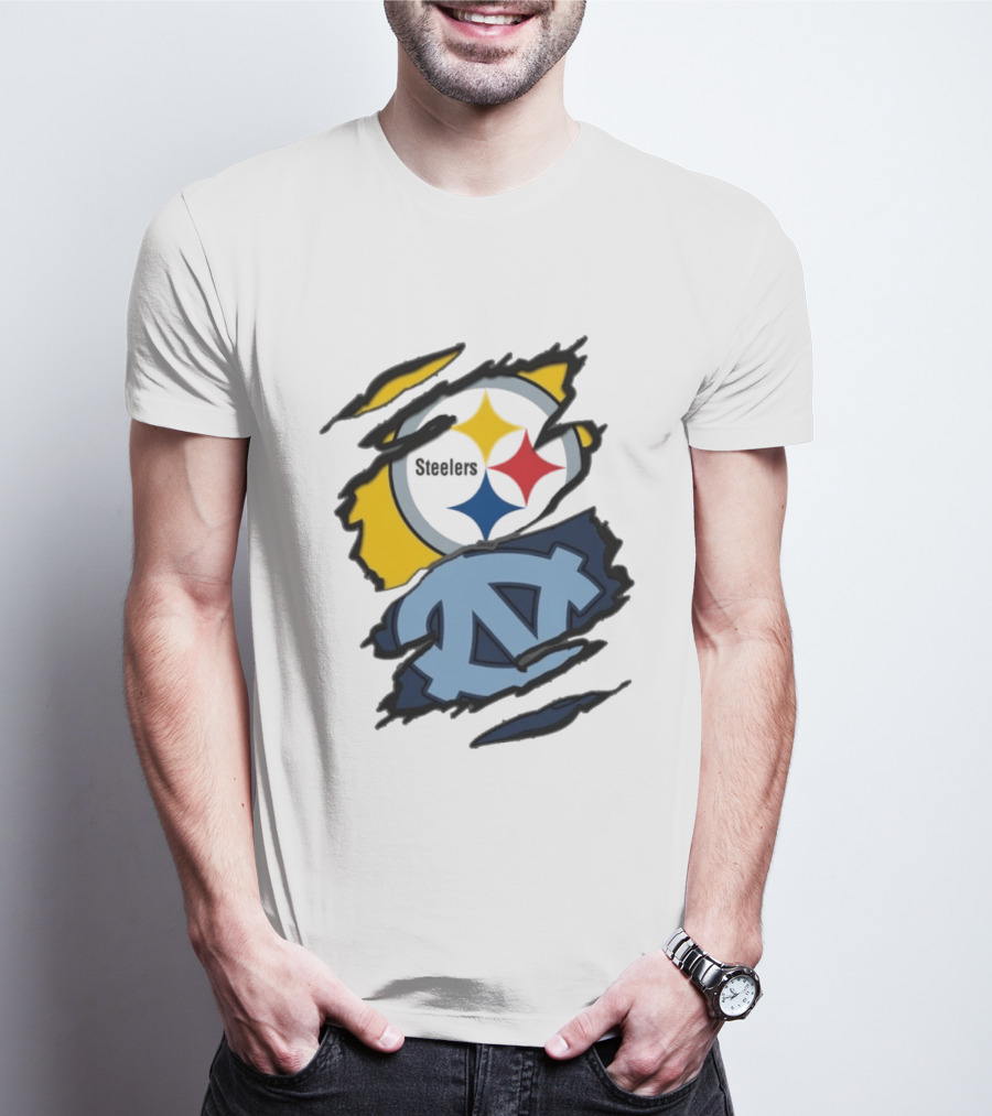 Pittsburgh Steelers UNC Tar Heels Ripped Metal Effect Logo Fusion T-Shirt