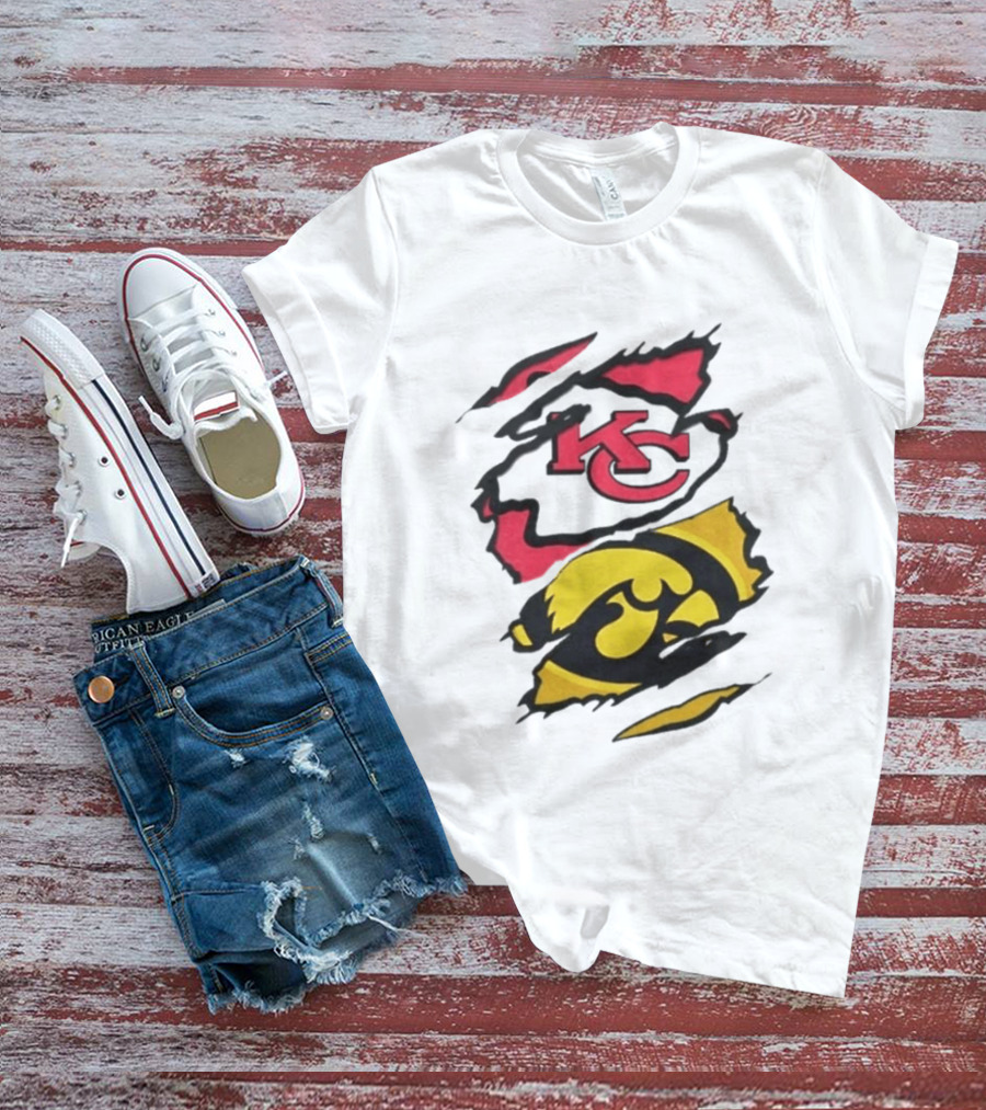 Kansas City Chiefs Iowa Hawkeyes Torn Paper KC Hawkeye Logo Mix T-Shirt