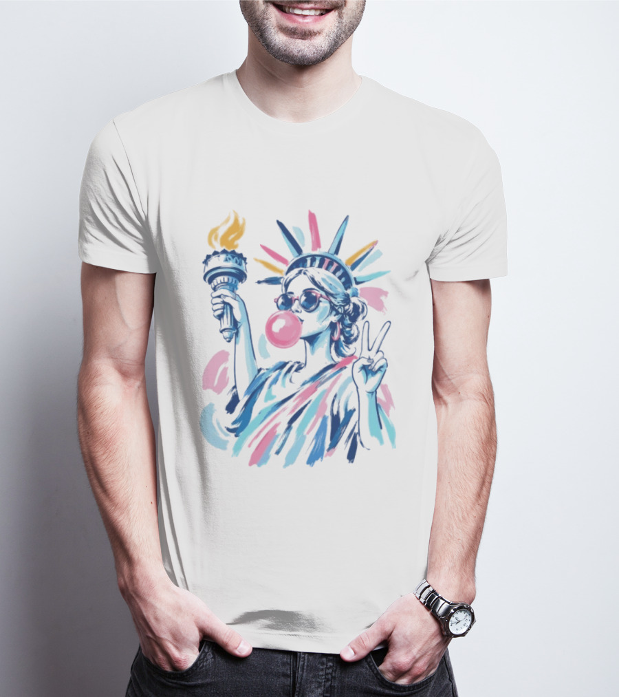 Statue Of Liberty Bubblegum Peace Sign USA Landmark T-Shirt