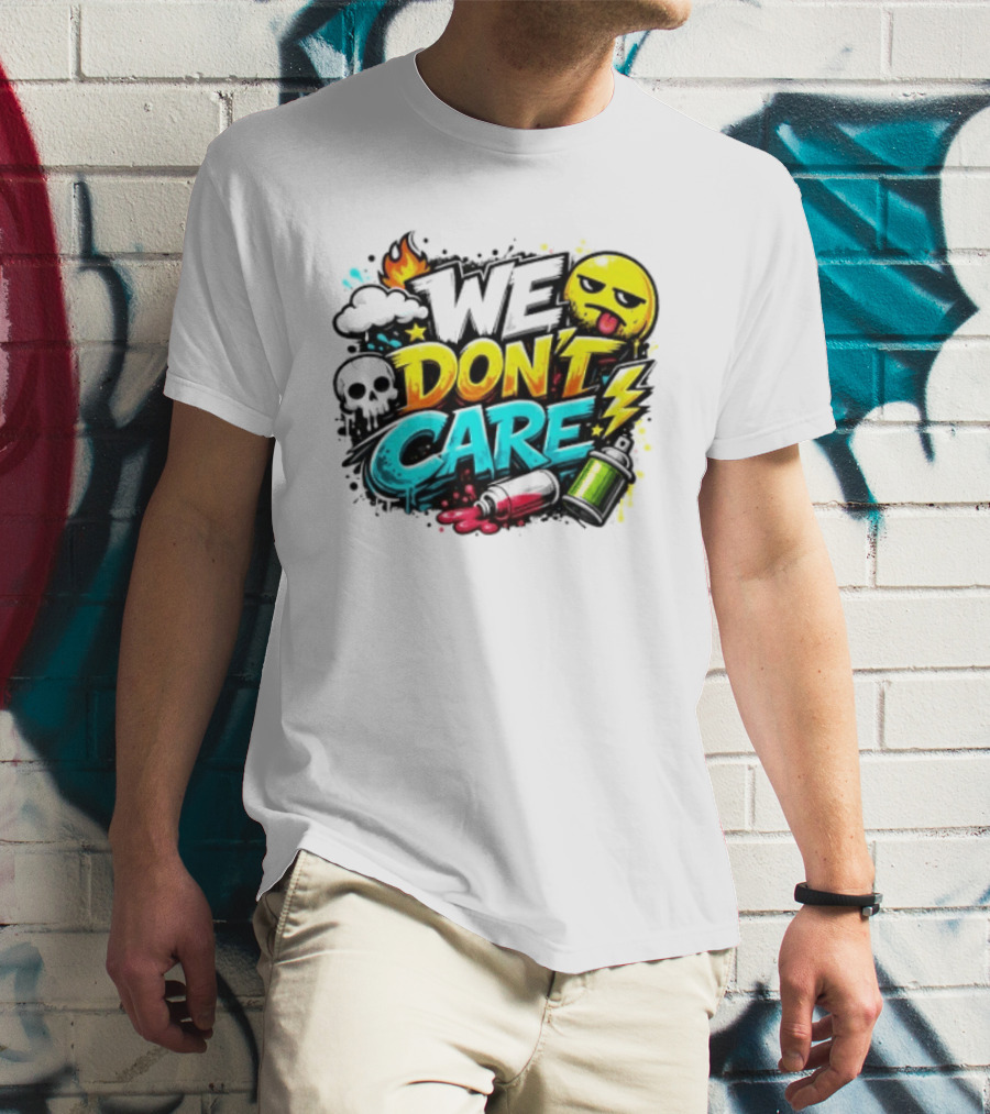 We Don't Care Graffiti Emojis Fire Cloud Lightning Skull T-Shirt