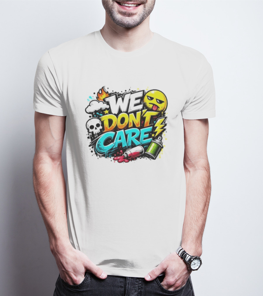 We Don't Care Graffiti Emojis Fire Cloud Lightning Skull T-Shirt