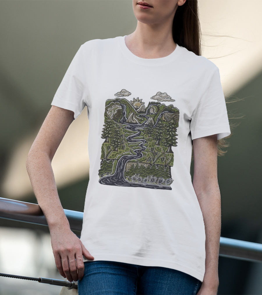 Nature Backs Forest Scene With River Trees Mountains Sun And Clouds T-Shirt
