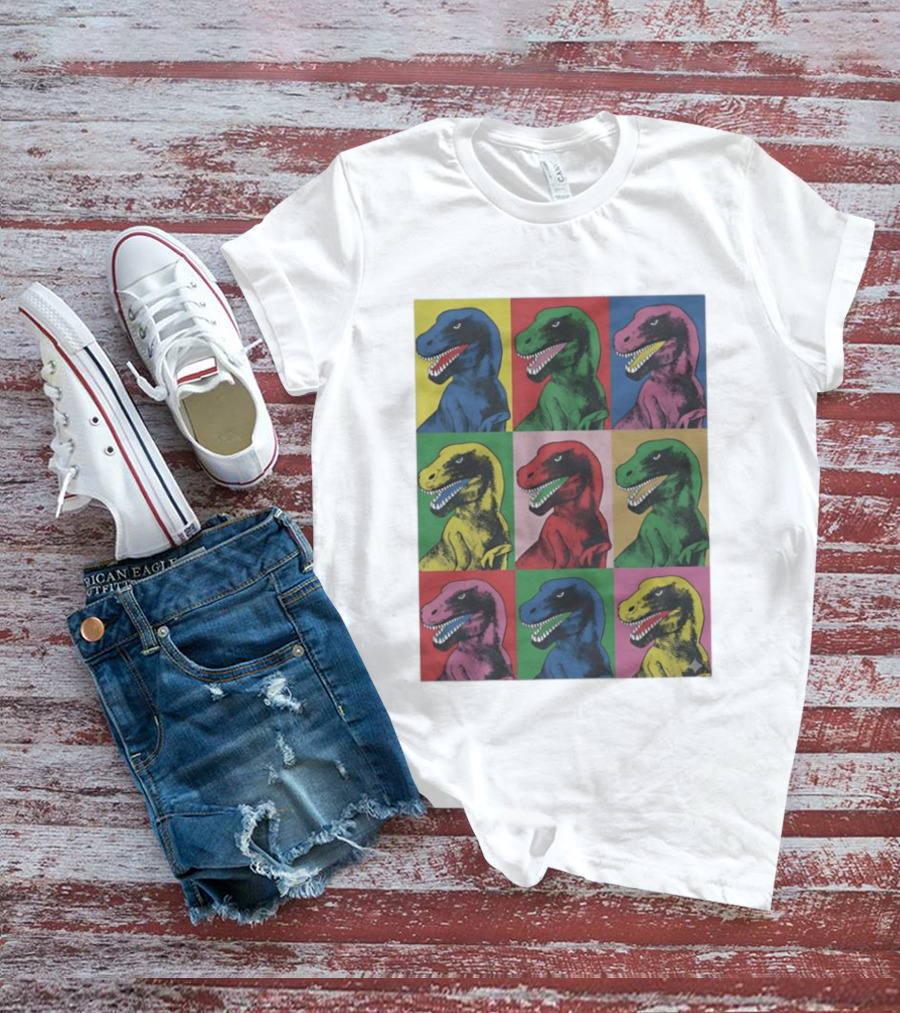 T Rex Pop Dinosaur Multi Colored Grid Prehistoric Reptile Andy Warhol T-Shirt
