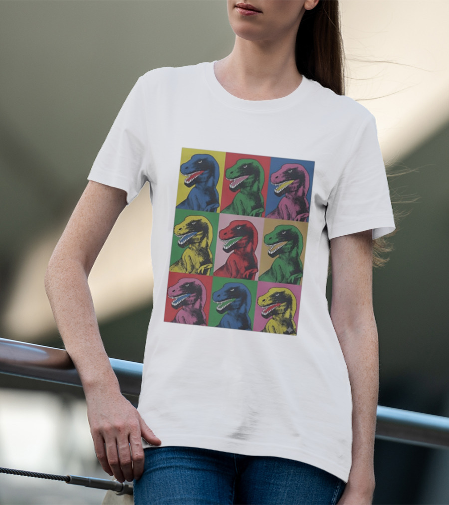 T Rex Pop Dinosaur Multi Colored Grid Prehistoric Reptile Andy Warhol T-Shirt