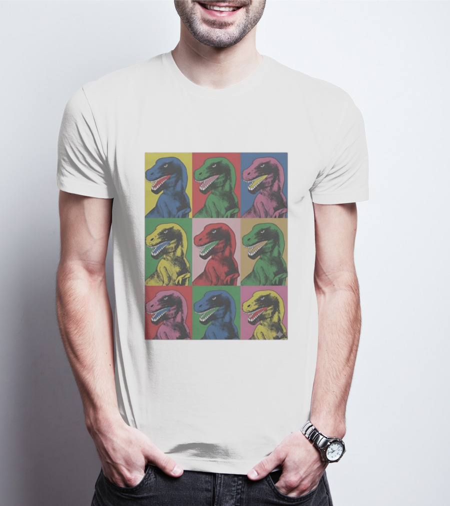 T Rex Pop Dinosaur Multi Colored Grid Prehistoric Reptile Andy Warhol T-Shirt