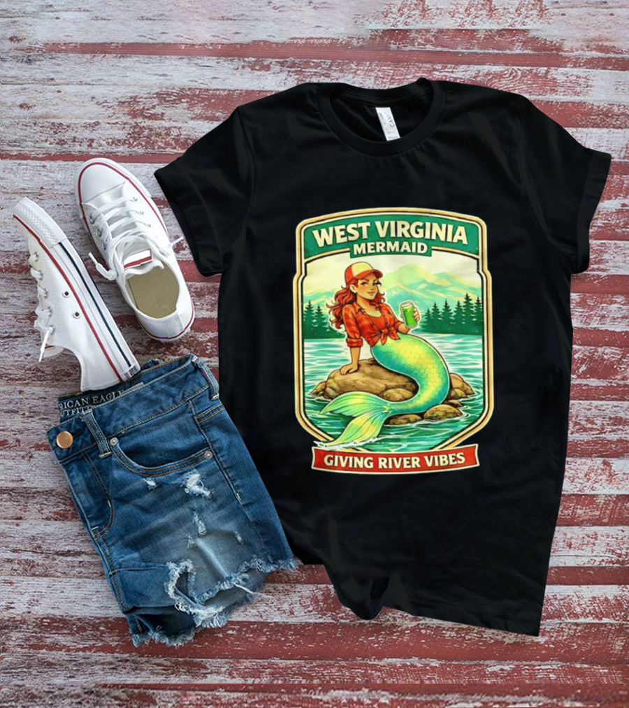 West Virginia Mermaid Giving River Vibes Green Tail Red Hat T-Shirt