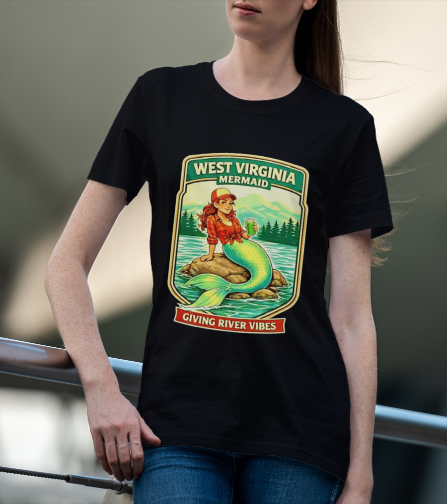West Virginia Mermaid Giving River Vibes Green Tail Red Hat T-Shirt