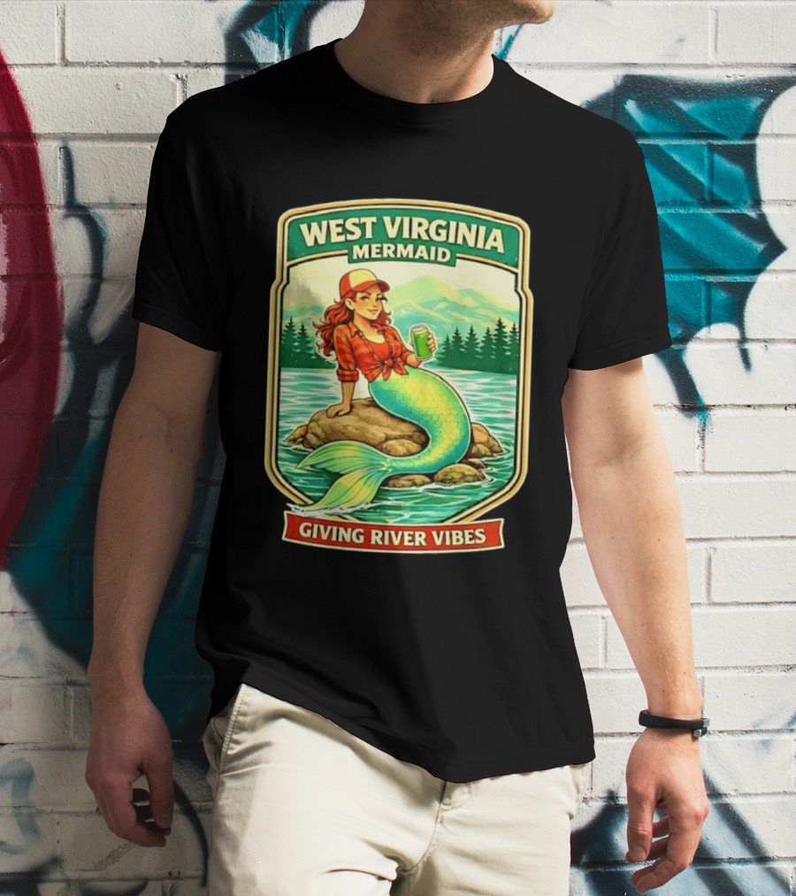 West Virginia Mermaid Giving River Vibes Green Tail Red Hat T-Shirt
