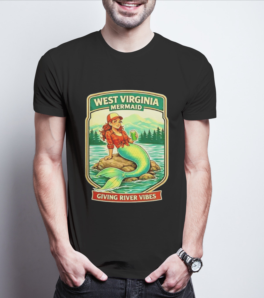 West Virginia Mermaid Giving River Vibes Green Tail Red Hat T-Shirt