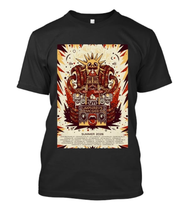 Umphrey's McGee Summer 2026 Tour Dates With Unique Symbolic Artwork And Sun Motif T-Shirt