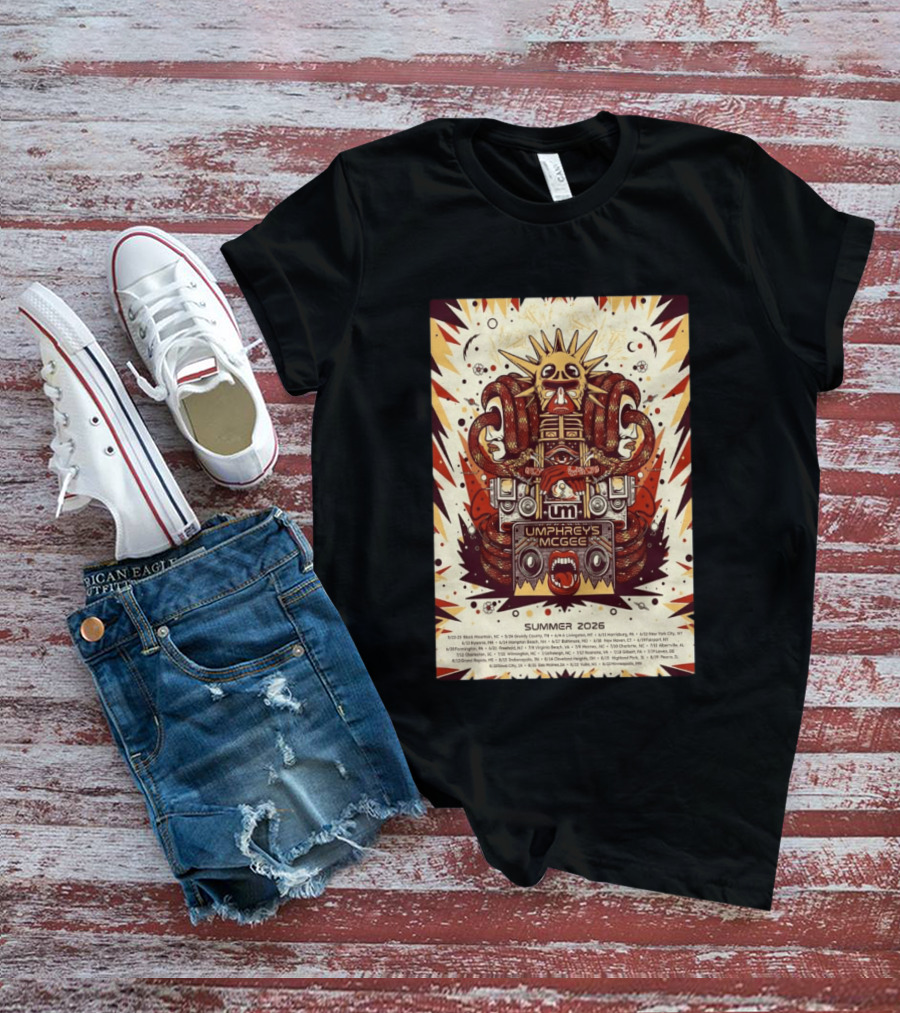 Umphrey's McGee Summer 2026 Tour Dates With Unique Symbolic Artwork And Sun Motif T-Shirt