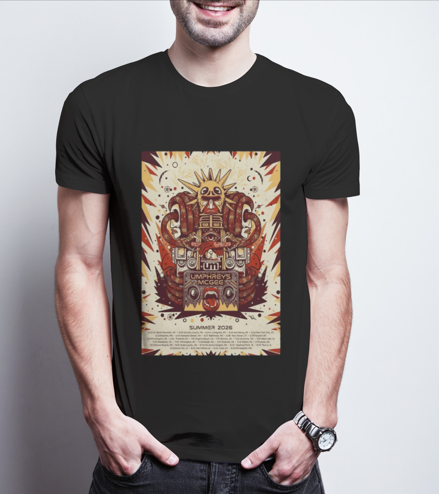 Umphrey's McGee Summer 2026 Tour Dates With Unique Symbolic Artwork And Sun Motif T-Shirt