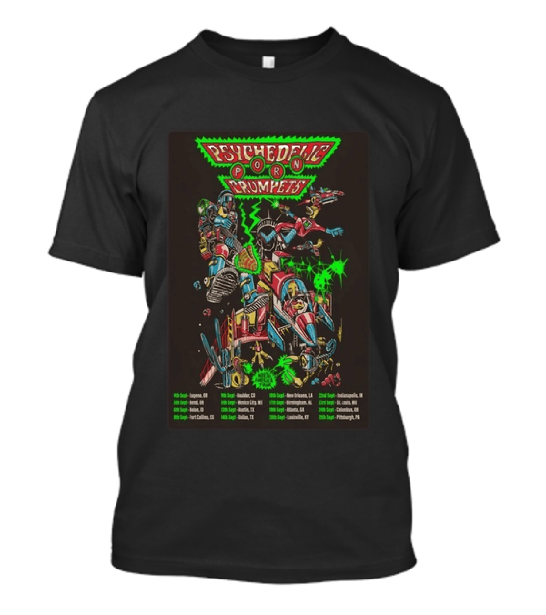 Psychedelic Porn Crumpets 2026 North America Tour With Neon Robot Graphics And Tour Dates T-Shirt