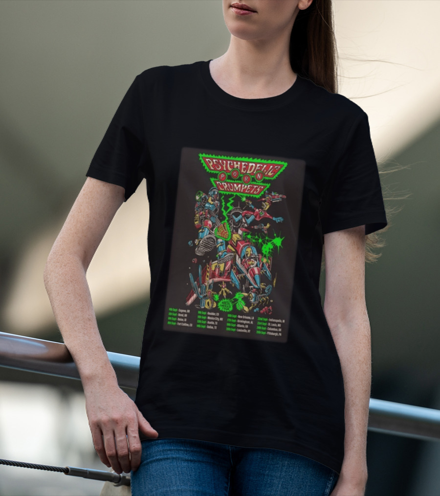Psychedelic Porn Crumpets 2026 North America Tour With Neon Robot Graphics And Tour Dates T-Shirt