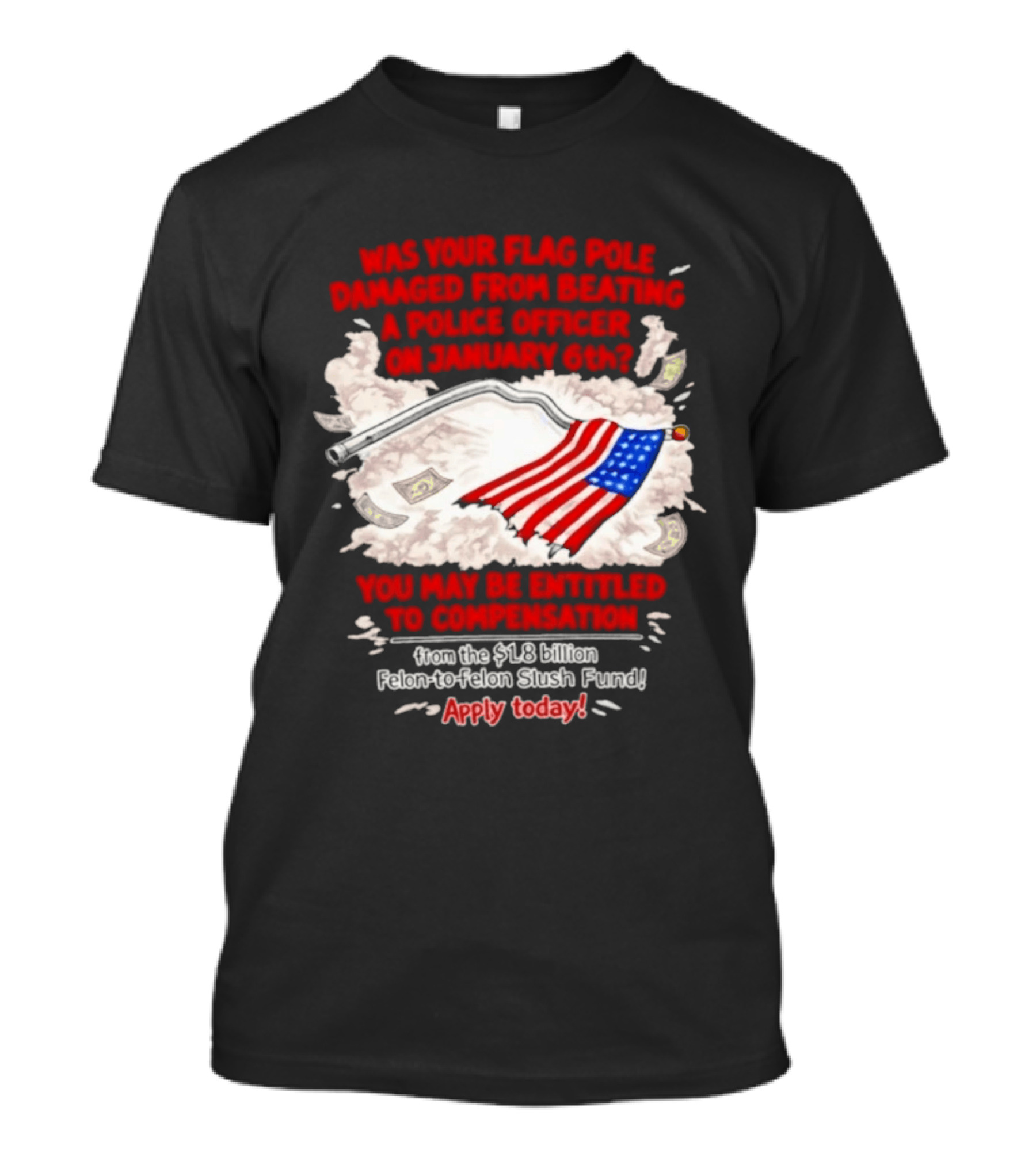 January 6th Flag Pole Damaged Compensation Police Officer Application T-Shirt