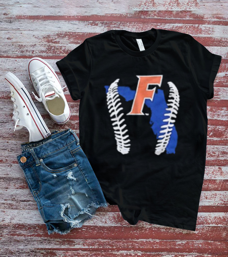 Florida Gators 2026 F Baseball Graphic With State Outline And Stitches T-Shirt