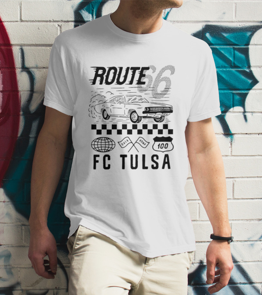 FC Tulsa Route 66 Oklahoma Soccer Car 100 Racing Flags T-Shirt