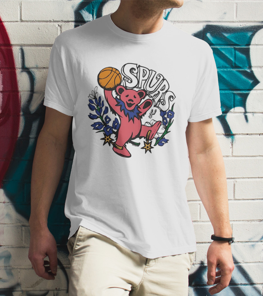 San Antonio Spurs Grateful Dead Bear Basketball Motif T-Shirt