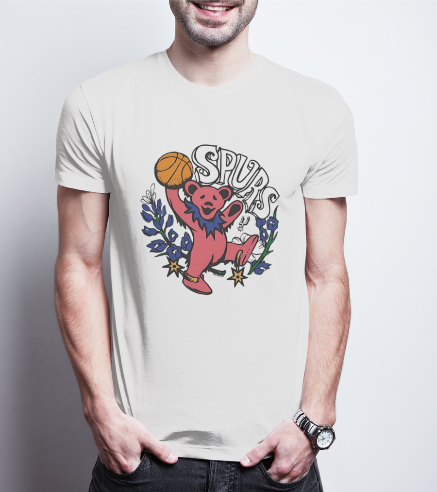 San Antonio Spurs Grateful Dead Bear Basketball Motif T-Shirt