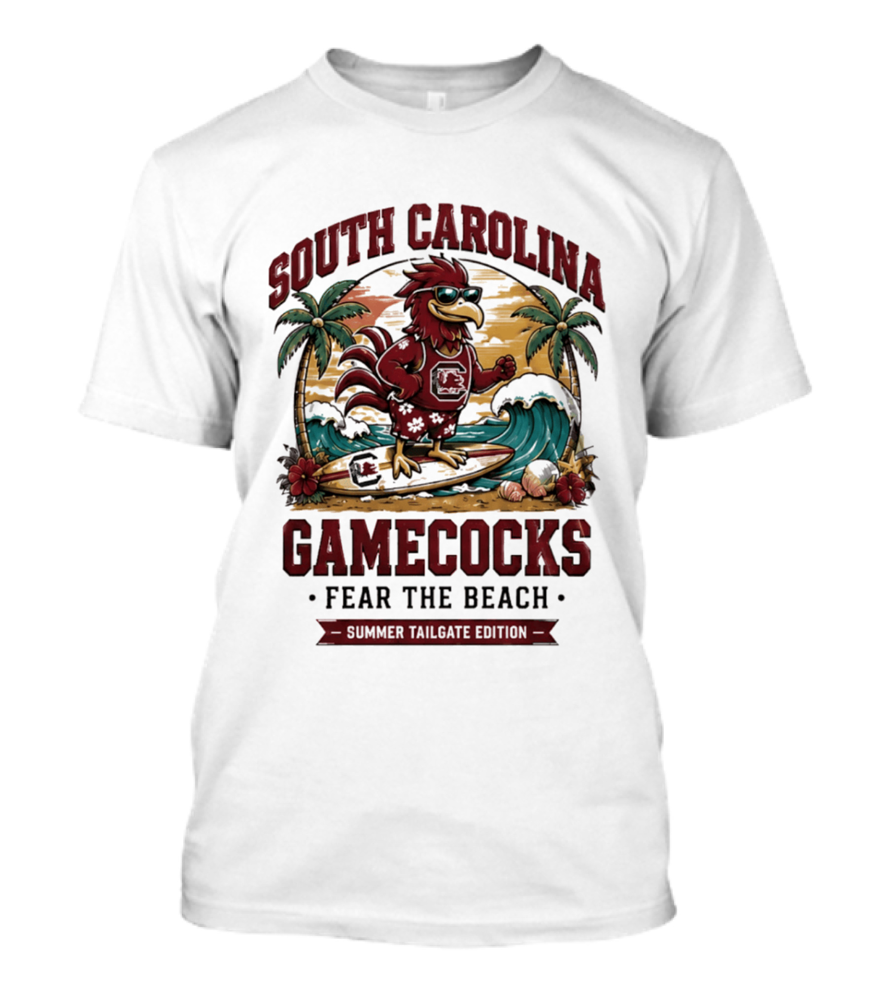 South Carolina Gamecocks Fear The Beach Summer Tailgate Edition Surfing Chicken Palm Trees Wave T-Shirt