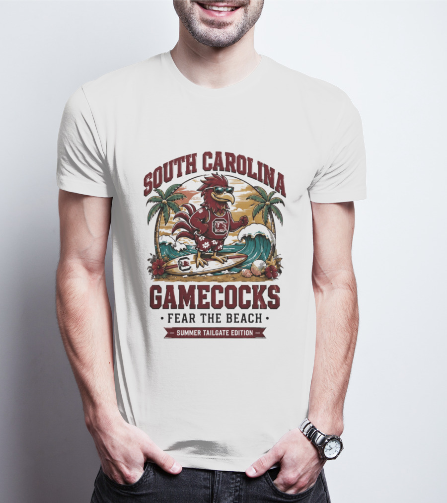 South Carolina Gamecocks Fear The Beach Summer Tailgate Edition Surfing Chicken Palm Trees Wave T-Shirt