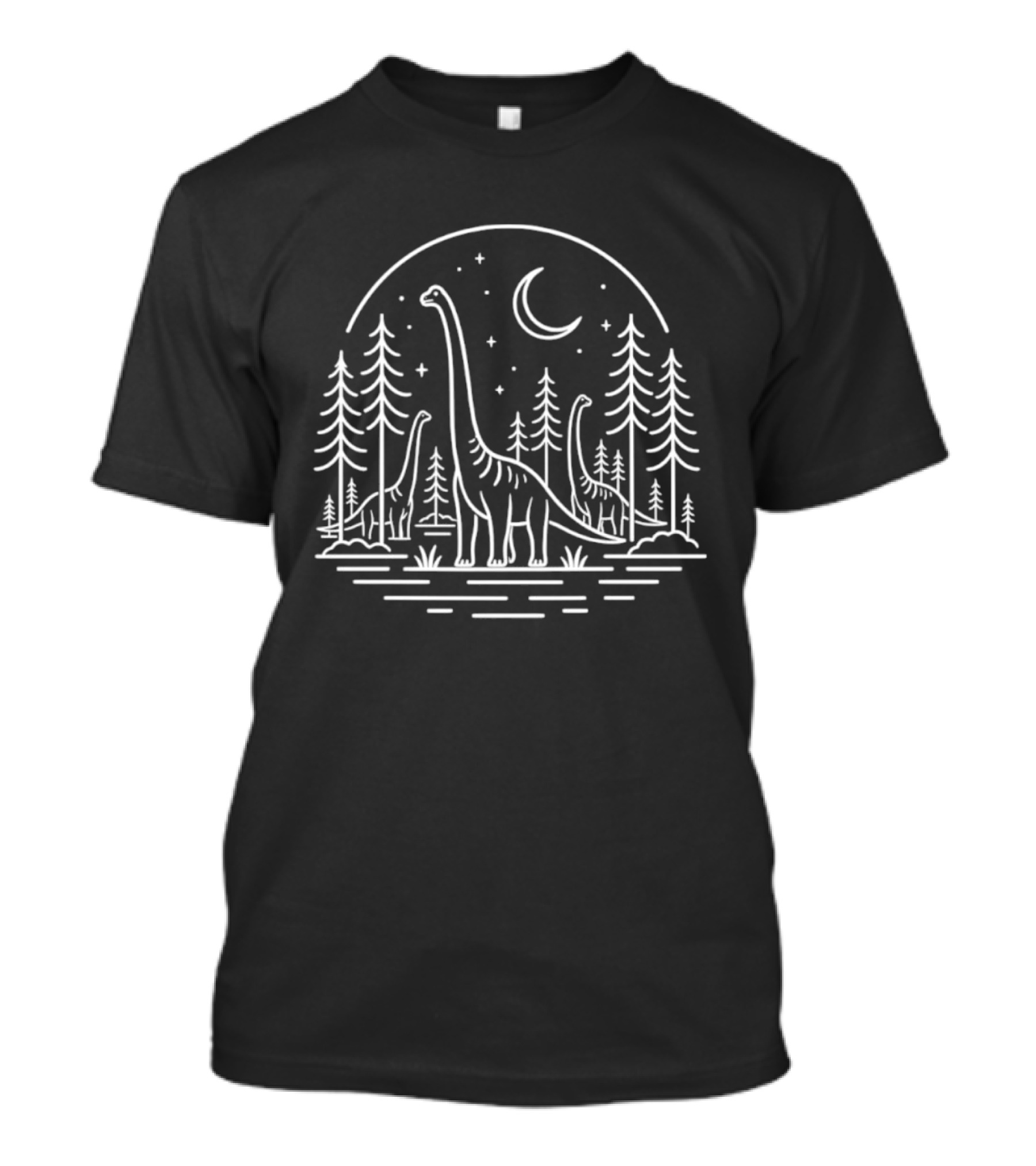 Brontosaurus Dinosaurs Forest Night Line Celestial Scene T-Shirt