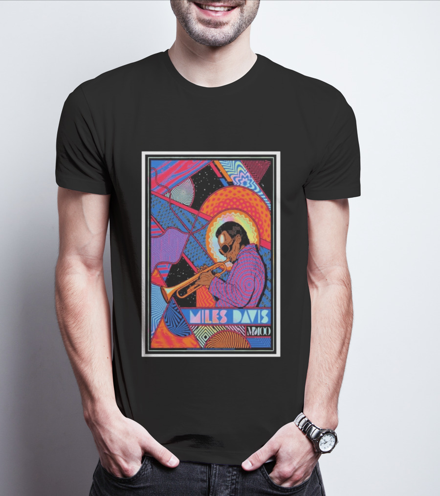 Miles Davis M100 Vibrant Foil Psychedelic Jazz Artistry Trumpet Player T-Shirt