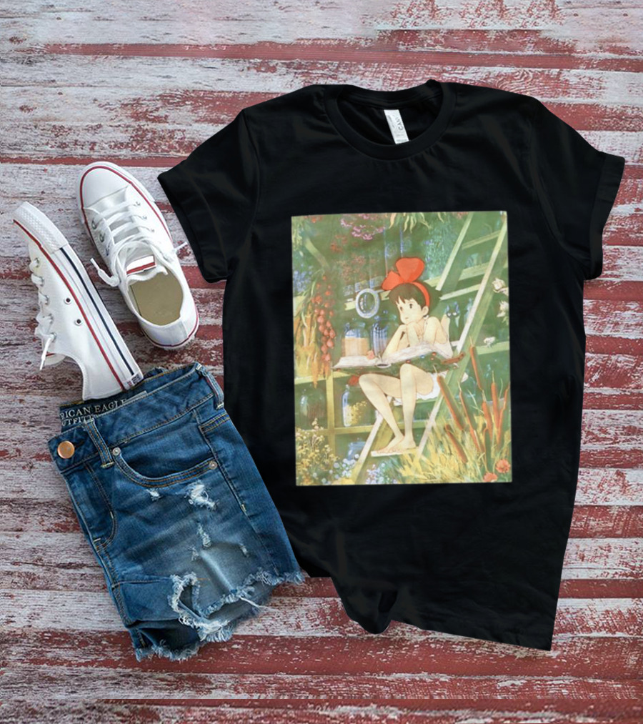 Kiki's Delivery Service Magic Book Cat And Botanical Greenhouse Scene T-Shirt