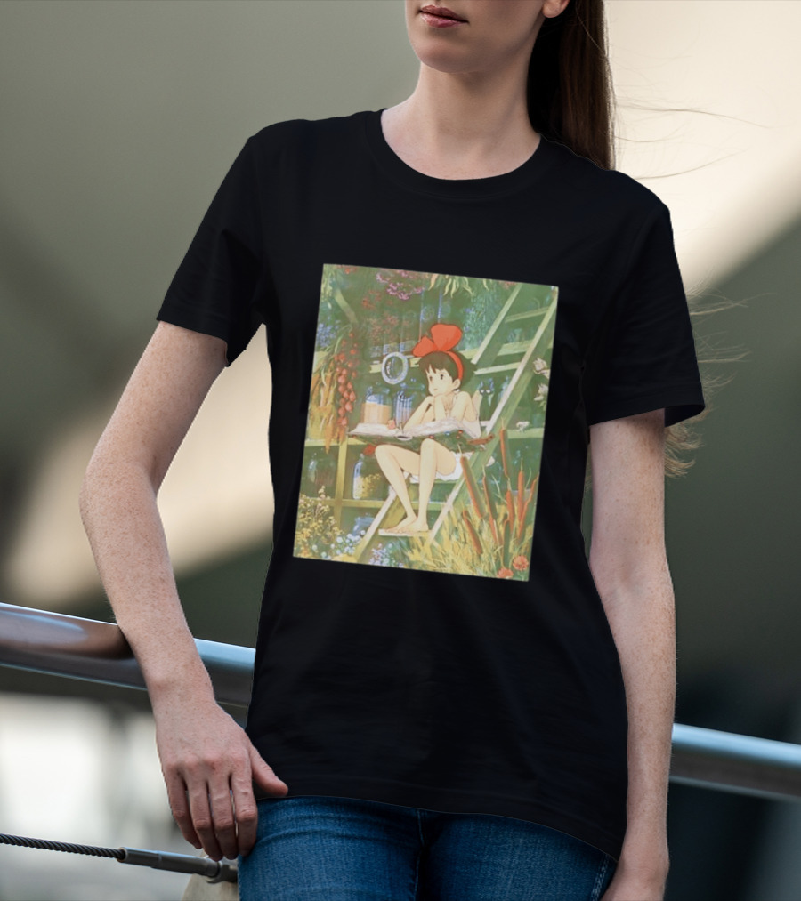 Kiki's Delivery Service Magic Book Cat And Botanical Greenhouse Scene T-Shirt