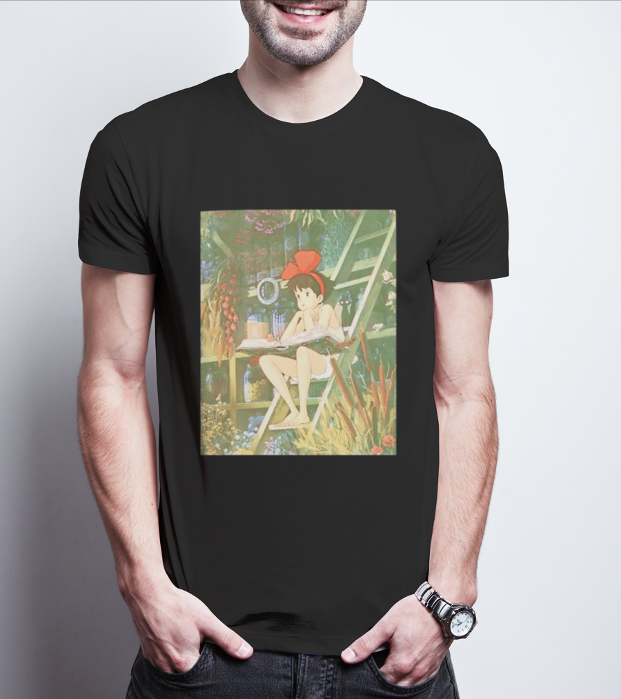 Kiki's Delivery Service Magic Book Cat And Botanical Greenhouse Scene T-Shirt
