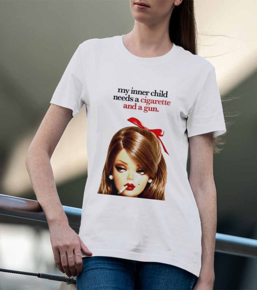 My Inner Child Needs A Cigarette And A Gun Doll Face Red Bow T-Shirt