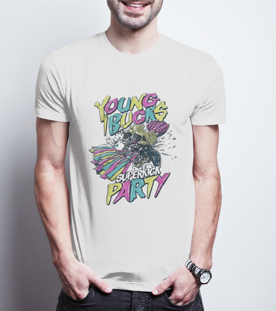 Young Bucks Superkick Party Skull Brain Eyeballs Colorful Explosion T-Shirt