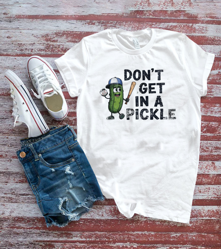 Don't Get In A Pickle Baseball Pun With Pickle Character Holding Bat And Ball T-Shirt
