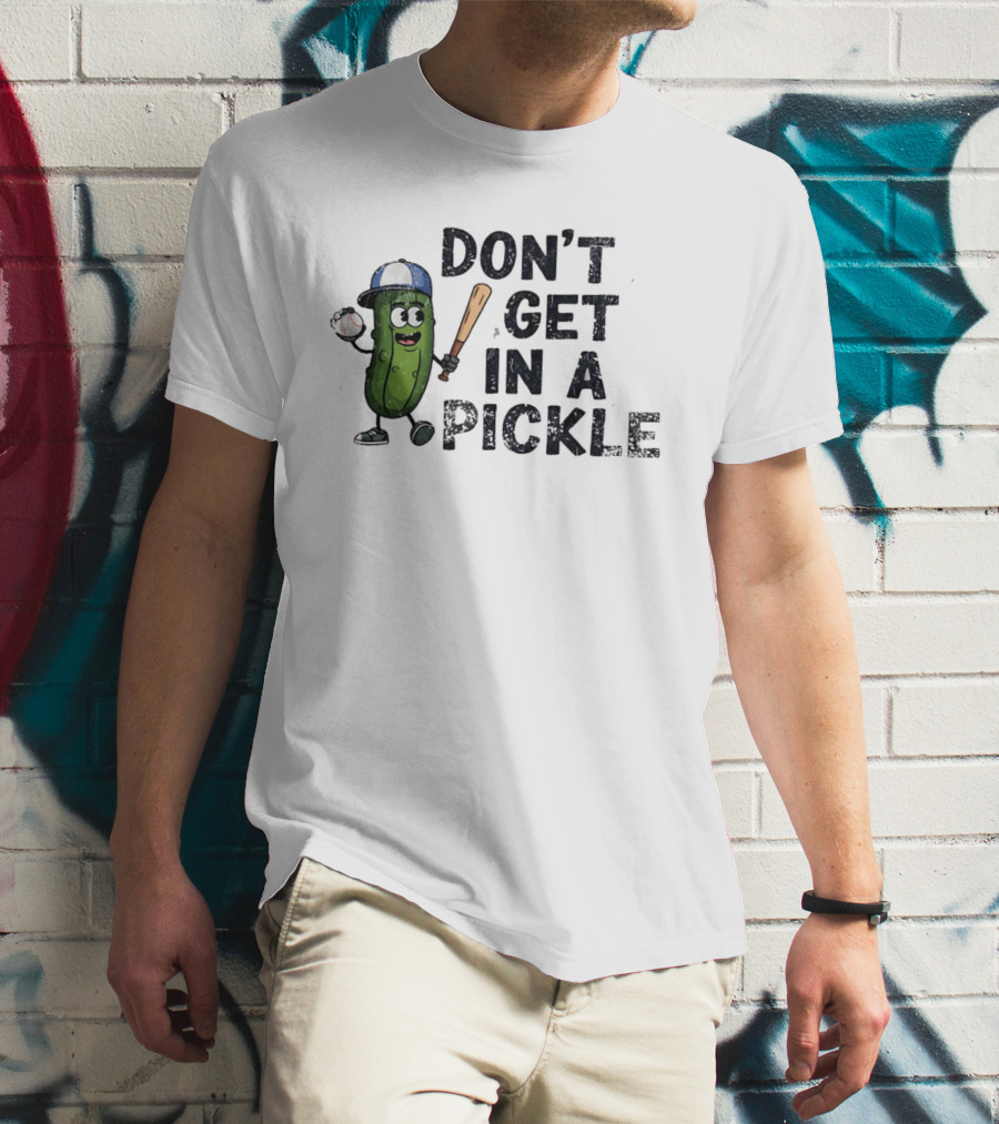 Don't Get In A Pickle Baseball Pun With Pickle Character Holding Bat And Ball T-Shirt