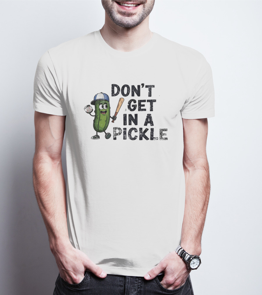 Don't Get In A Pickle Baseball Pun With Pickle Character Holding Bat And Ball T-Shirt