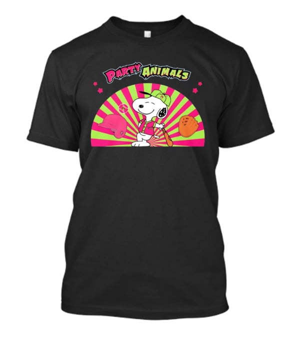 Snoopy Party Animals Baseball Glove Bat Cap Neon Stars T-Shirt