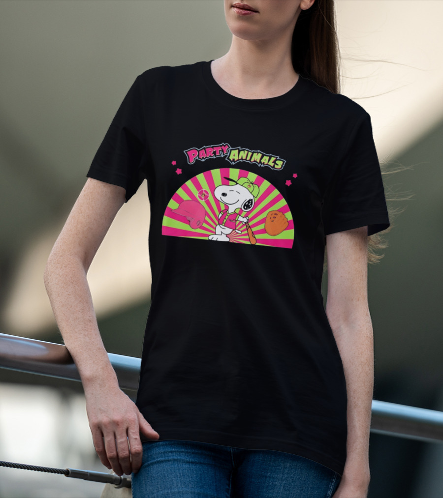 Snoopy Party Animals Baseball Glove Bat Cap Neon Stars T-Shirt
