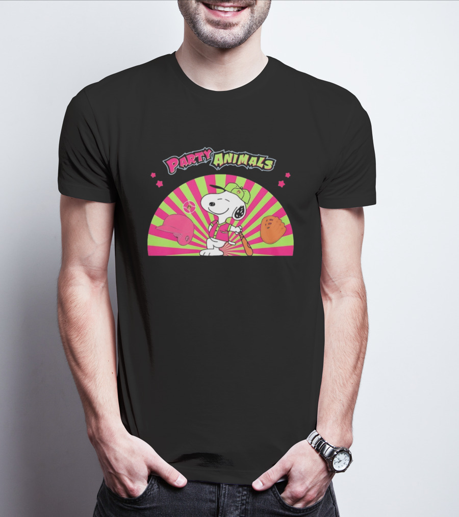 Snoopy Party Animals Baseball Glove Bat Cap Neon Stars T-Shirt