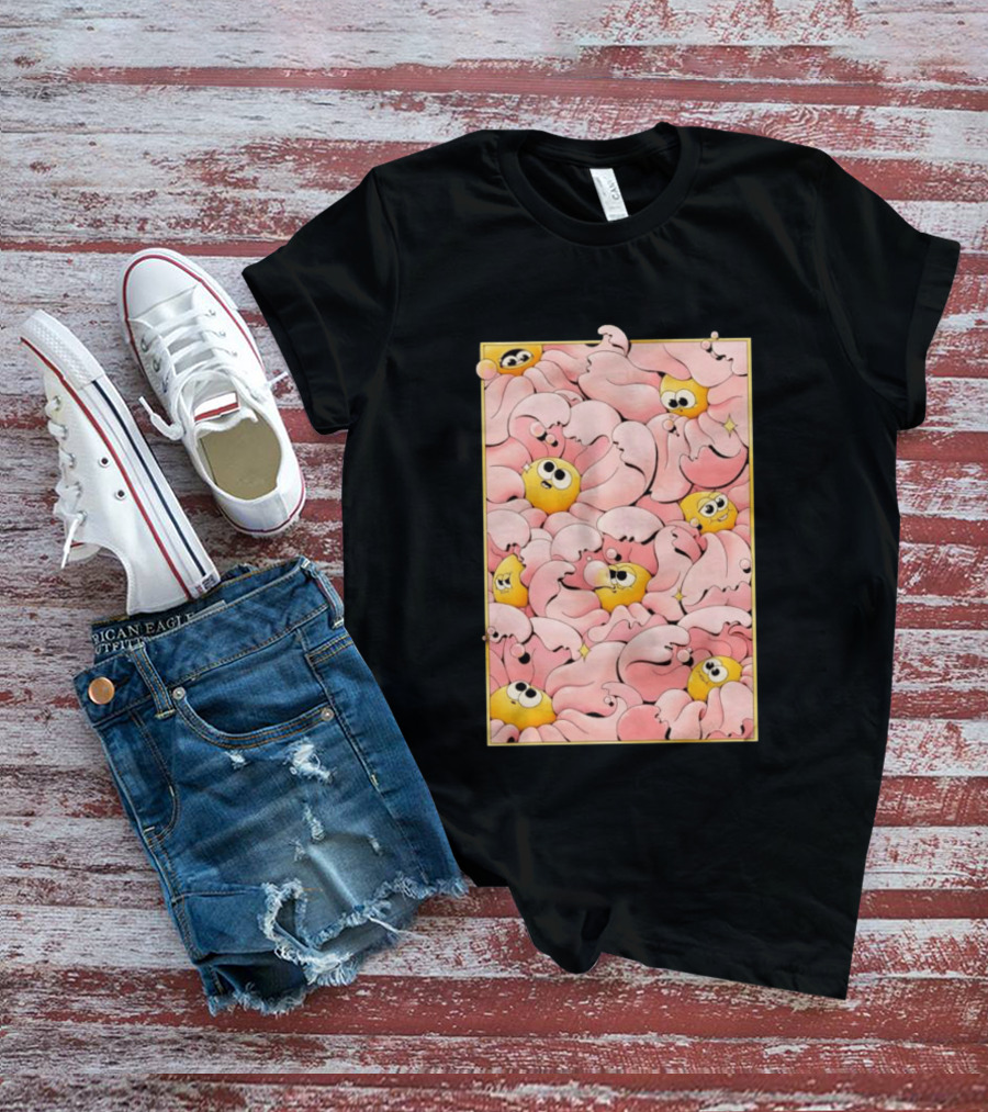Many Yellow Round Characters With Large Eyes In Pink Flowing Cascades T-Shirt