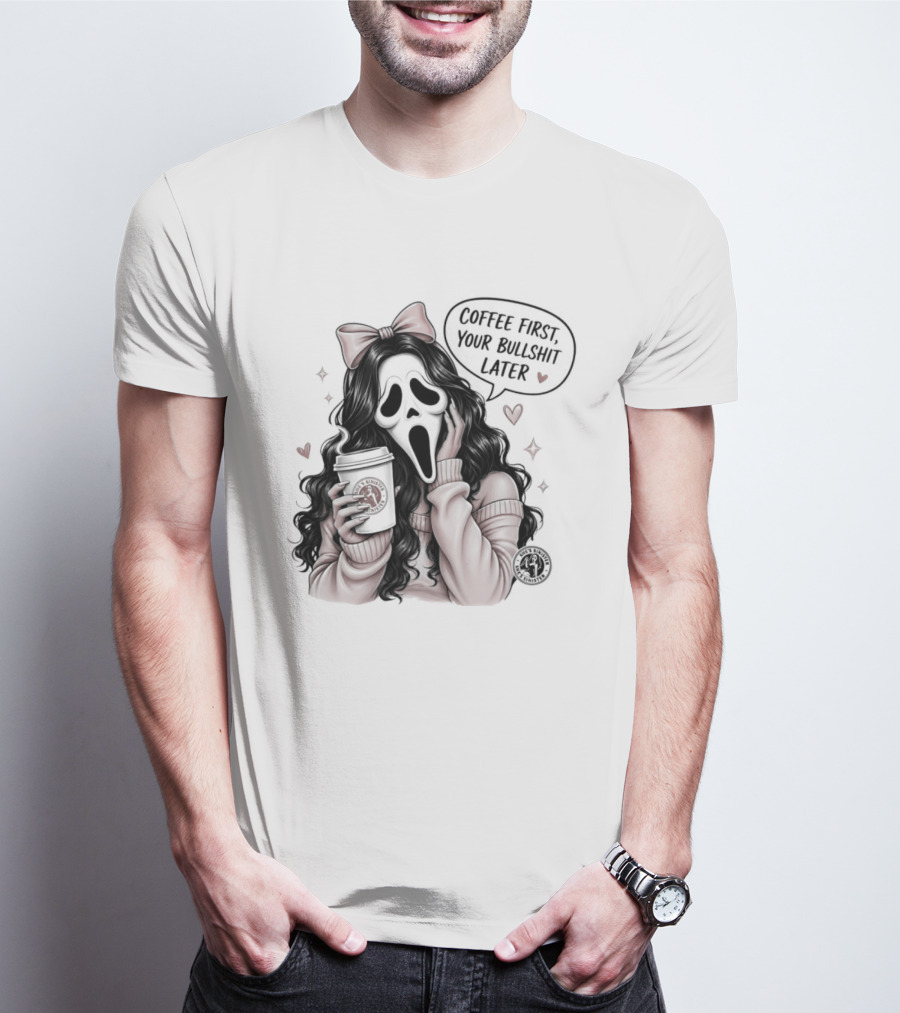 Ghostface Scream Coffee First Your Bullshit Later Horror Movie Bow Hearts T-Shirt